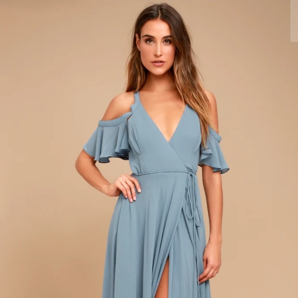 Easy Listening Slate Blue Cold-Shoulder Wrap Dress